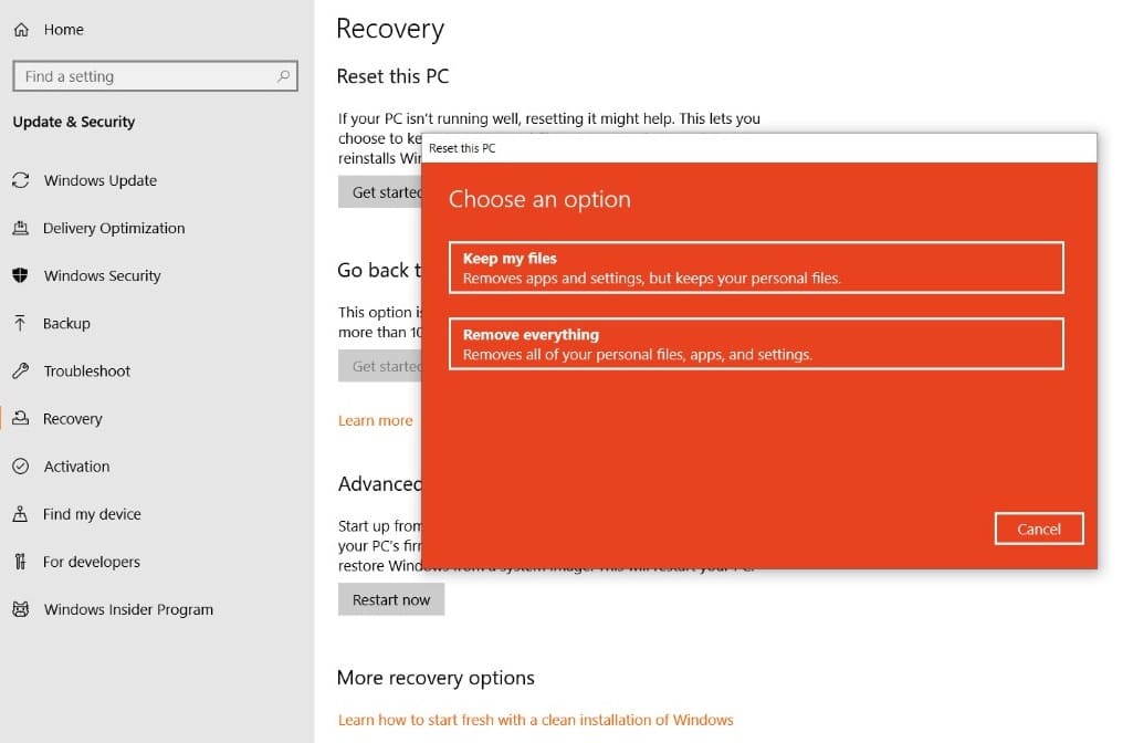 Factory Reset Windows 10