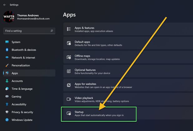 Startup in Windows 11 settings